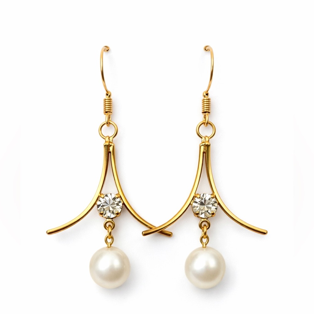 Fashion Jewelry Dangle Earrings‎ Faux Pearl Rhinestone Gold Tone Drop